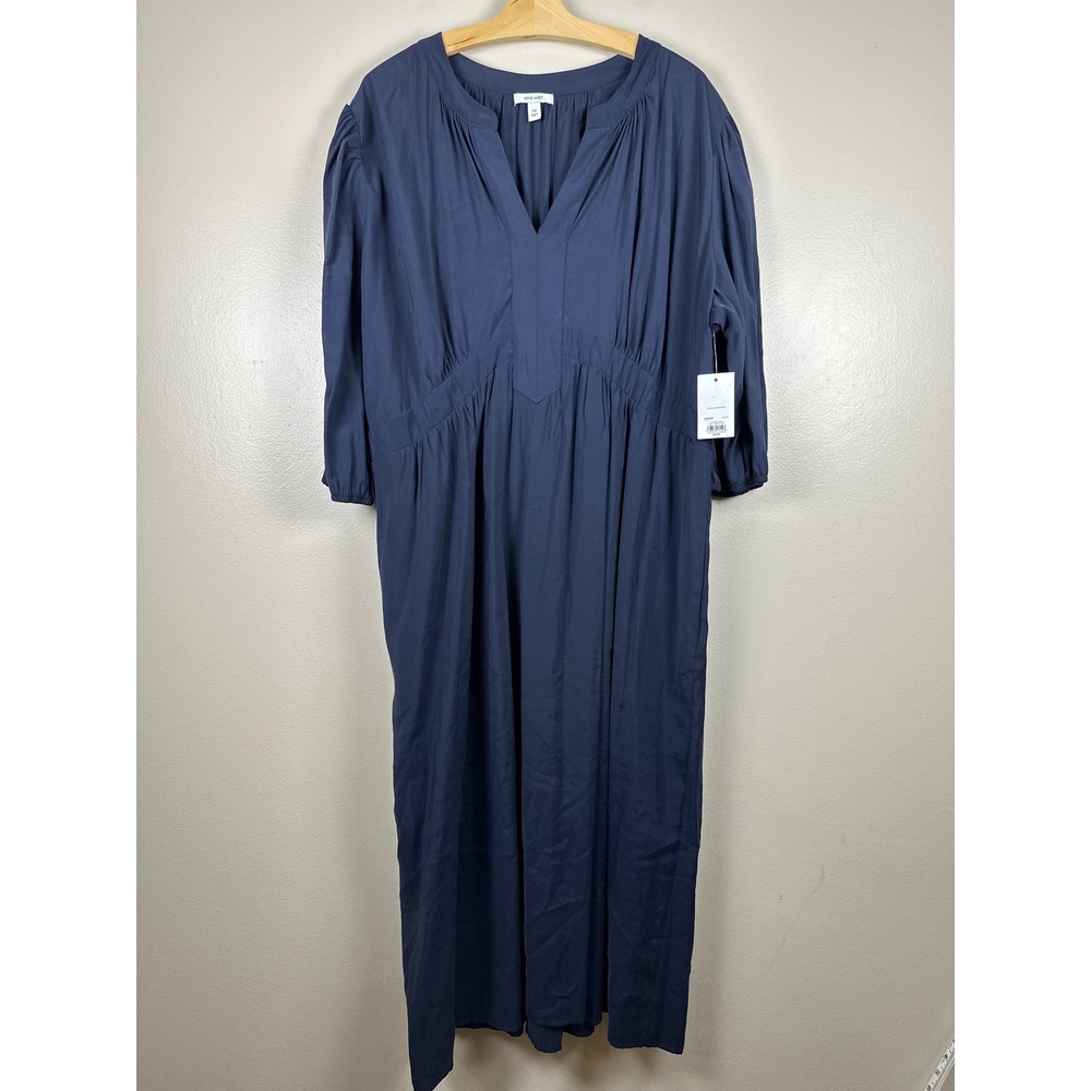 Nine West Women's 2X Midi Dress Navy Blue V-Neck Puff Sleeve NEW
